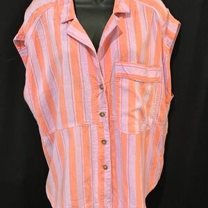 Striped Pink and Orange Button-Up Women's Top
